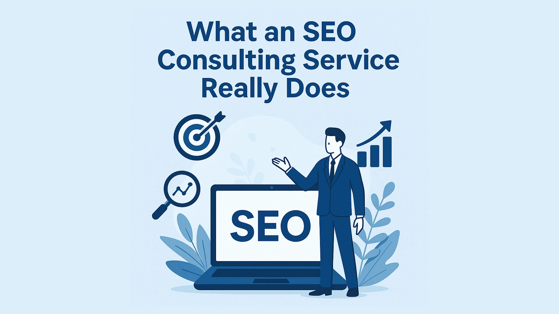 Professional SEO consultant presenting a data-driven strategy in front of a laptop displaying SEO metrics and growth charts, symbolizing business improvement through expert SEO consulting.