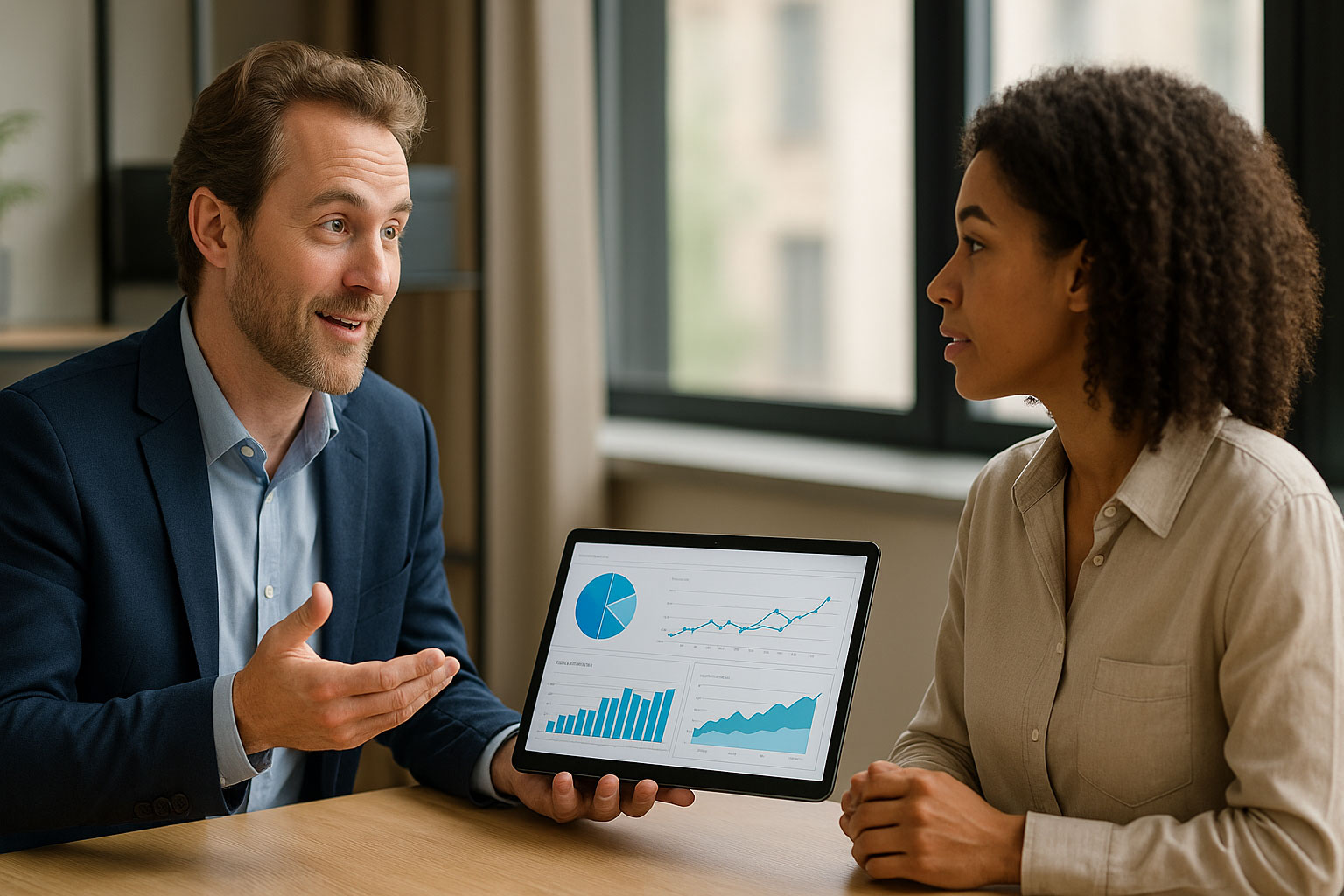 A North American professional SEO consultant presenting detailed analytics charts to a business owner during a strategy meeting in a modern office.