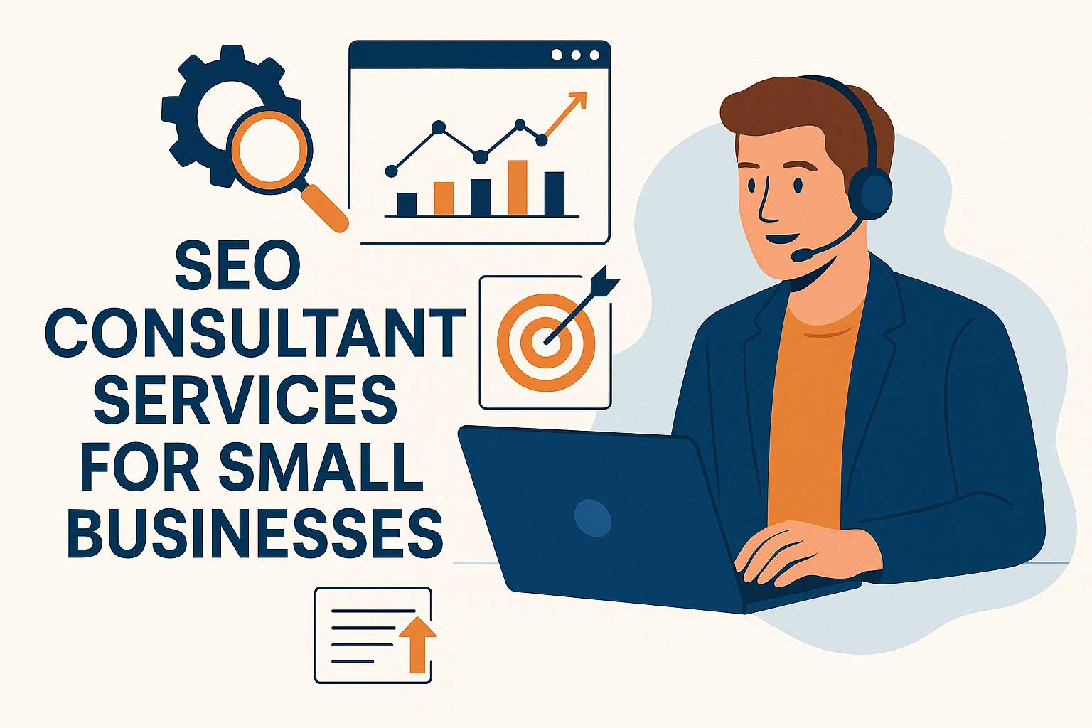 A flat 16:9 digital illustration showing an SEO consultant working on a laptop with graphs, target icons, and the text “SEO Consultant Services for Small Businesses.”