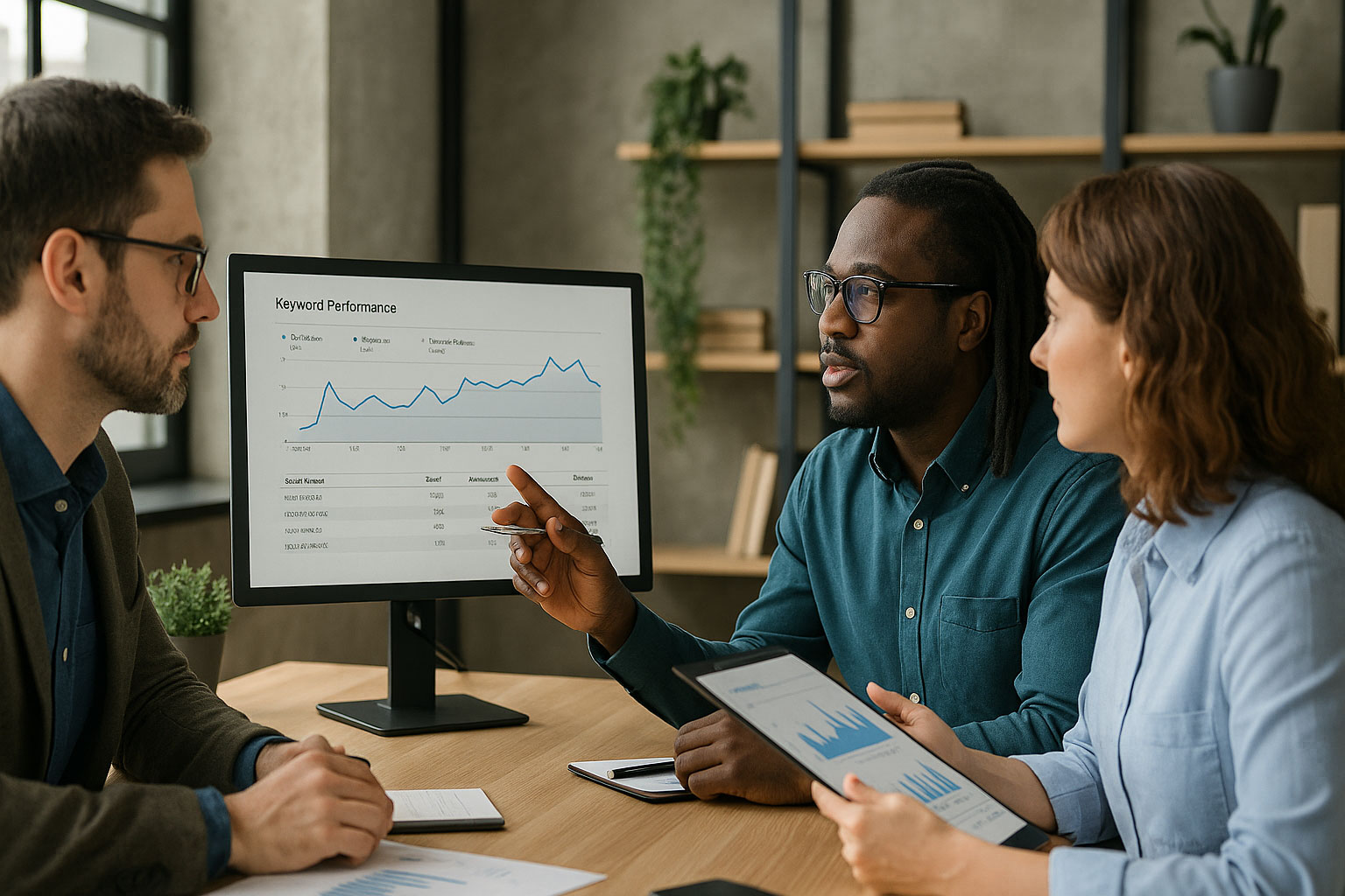 Three professional SEO consultants collaborating in a modern office, reviewing keyword performance charts on a monitor and discussing strategies for an SEO consulting agency.
