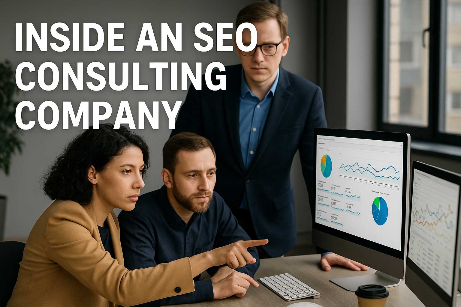 Three professional SEO consultants analyzing performance charts on computer monitors in a modern office, representing teamwork and data-driven strategy in an SEO consulting company.