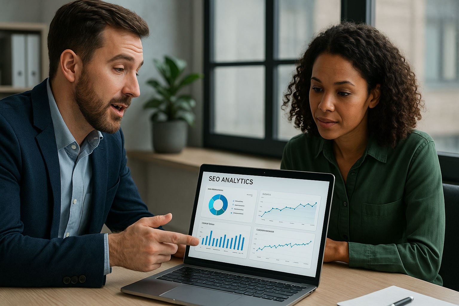 A professional SEO consultant reviewing analytics charts on a laptop with a client in a modern office, showing graphs and data that represent SEO professional services in action.