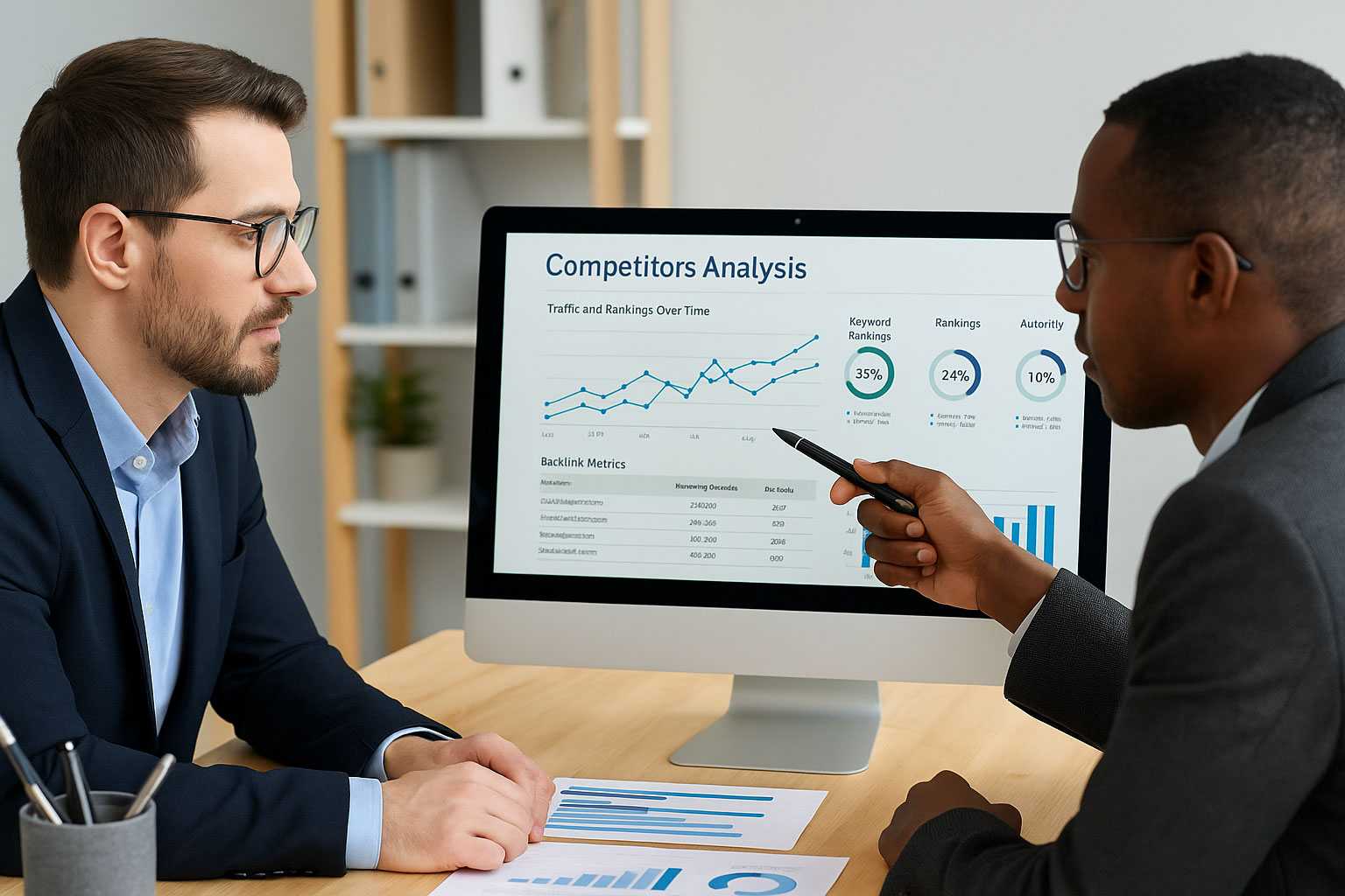 Two SEO consultants in a modern office analyzing competitor reports and keyword data on a large screen to compare SEO consultant companies.