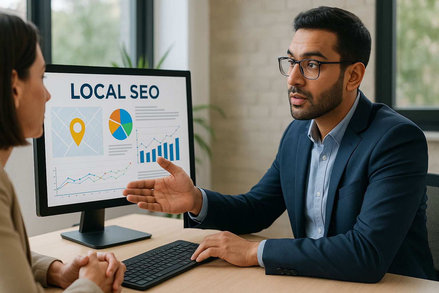 A professional local SEO consultant explaining regional search data to a business owner, with charts and maps on a computer screen in a bright modern office.